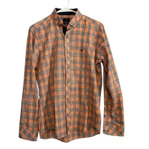 Brango Slim Fit Orange Blue Plaid Men’s Button Down Cotton Shirt Size Medium